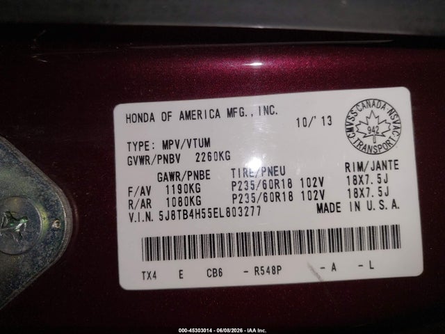 45303014 :رقم المزاد ، 5J8TB4H55EL803277 vin ، 2014 Acura Rdx مزاد بيع