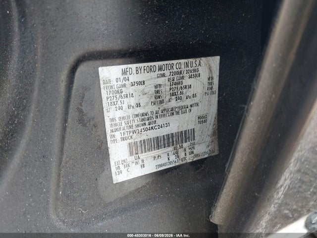 Продаж на аукціоні авто 2004 Ford F-150 Fx4/lariat/xlt, vin: 1FTPW14504KC24131, номер лоту: 45303016