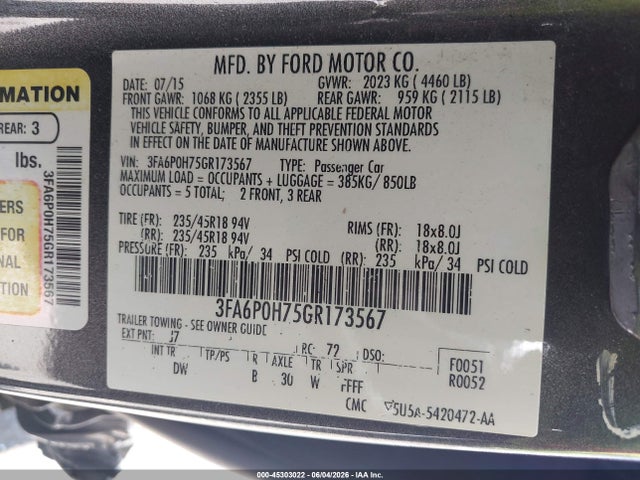 Ford FUSION SE 2016 3FA6P0H75GR173567 Image 9