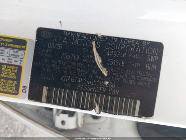 45303025 :رقم المزاد ، KNAGT4L34G5083686 vin ، 2016 Kia Optima Lx مزاد بيع