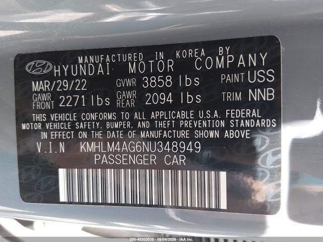 Aukcja sprzedaży 2022 Hyundai Elantra Sel, vin: KMHLM4AG6NU348949, numer aukcji: 45303035