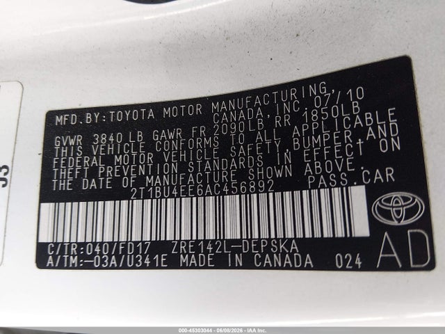 2010 Toyota Corolla S მანქანა იყიდება აუქციონზე, vin: 2T1BU4EE6AC456892, აუქციონის ნომერი: 45303044
