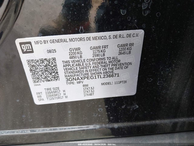 Aukcja sprzedaży 2026 Chevrolet Equinox Awd Lt, vin: 3GNAXPEG1TL236671, numer aukcji: 45303048