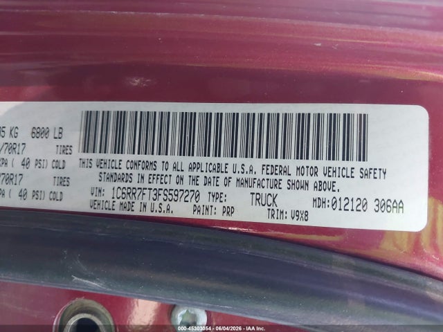 45303054 :رقم المزاد ، 1C6RR7FT3FS597270 vin ، 2015 Ram 1500 Tradesman مزاد بيع