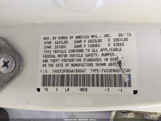 Aukcja sprzedaży 2010 Honda Accord 2.4 Ex-l, vin: 1HGCP2F85AA156047, numer aukcji: 45303056