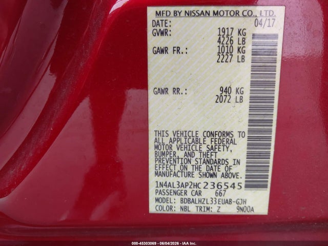 2017 Nissan Altima 2.5 Sr მანქანა იყიდება აუქციონზე, vin: 1N4AL3AP2HC236545, აუქციონის ნომერი: 45303069