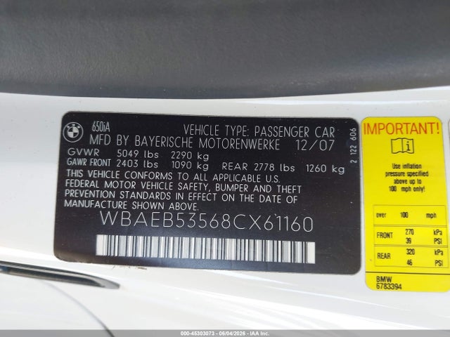 Aukcja sprzedaży 2008 Bmw 650i, vin: WBAEB53568CX61160, numer aukcji: 45303073