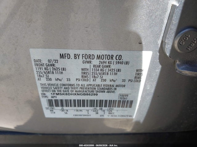 Aukcja sprzedaży 2022 Ford Explorer Xlt, vin: 1FMSK8DHXNGB86299, numer aukcji: 45303099