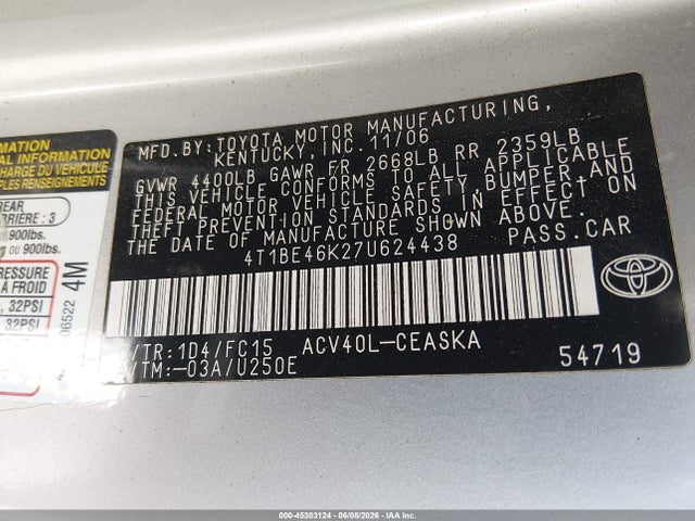 Продажа на аукционе авто 2007 Toyota Camry Se, vin: 4T1BE46K27U624438, номер лота: 45303124