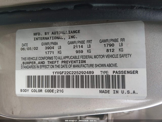 Aukcja sprzedaży 2002 Mazda 626 Lx, vin: 1YVGF22C225292489, numer aukcji: 45303127