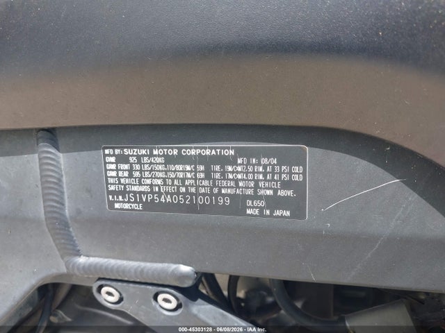 Aukcja sprzedaży 2005 Suzuki Dl650 K, vin: JS1VP54A052100199, numer aukcji: 45303128