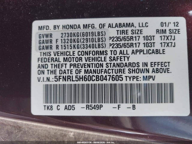 2012 Honda Odyssey Ex-l მანქანა იყიდება აუქციონზე, vin: 5FNRL5H60CB047605, აუქციონის ნომერი: 45303136