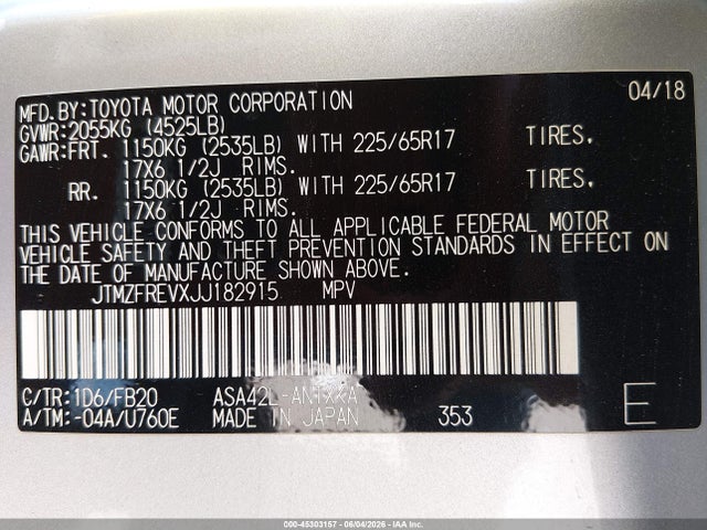 2018 Toyota Rav4 Le მანქანა იყიდება აუქციონზე, vin: JTMZFREVXJJ182915, აუქციონის ნომერი: 45303157