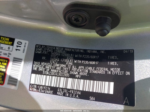 2020 Toyota Sienna Le მანქანა იყიდება აუქციონზე, vin: 5TDKZ3DC4LS022895, აუქციონის ნომერი: 45303198
