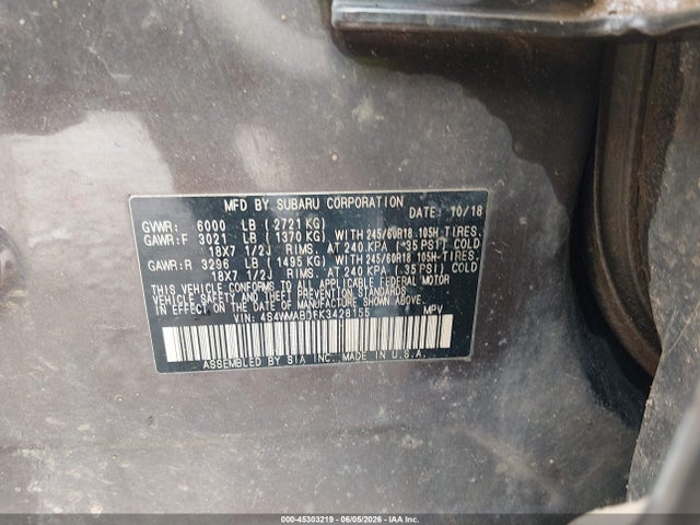 2019 Subaru Ascent Premium მანქანა იყიდება აუქციონზე, vin: 4S4WMABD6K3428155, აუქციონის ნომერი: 45303219