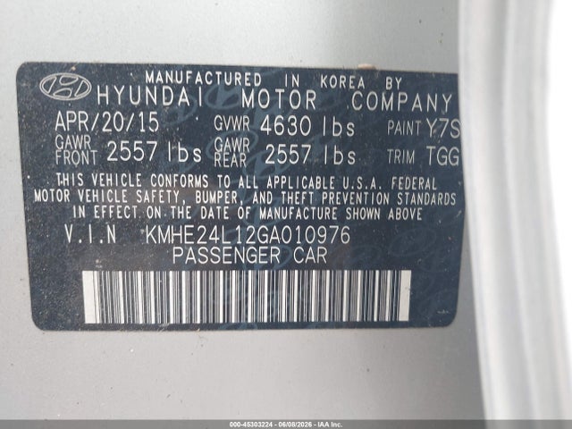 Aukcja sprzedaży 2016 Hyundai Sonata Hybrid Se, vin: KMHE24L12GA010976, numer aukcji: 45303224