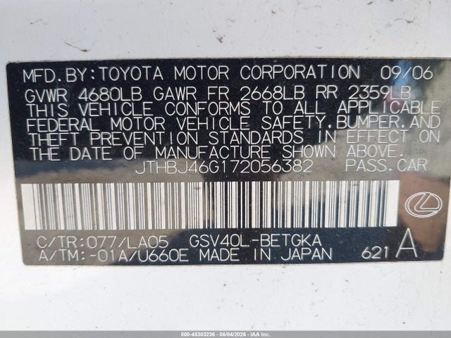 Aukcja sprzedaży 2007 Lexus Es 350, vin: JTHBJ46G172056382, numer aukcji: 45303236