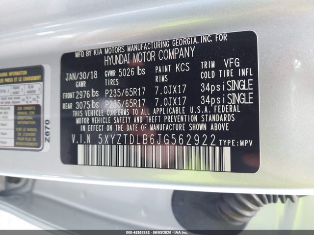 45303242 :رقم المزاد ، 5XYZTDLB6JG562922 vin ، 2018 Hyundai Santa Fe Sport 2.4l مزاد بيع