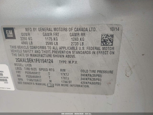 Продаж на аукціоні авто 2015 Gmc Terrain Slt-1, vin: 2GKALSEK1F6194124, номер лоту: 45303248