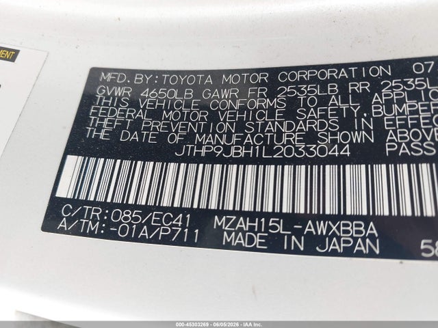 45303269 :رقم المزاد ، JTHP9JBH1L2033044 vin ، 2020 Lexus Ux 250h مزاد بيع