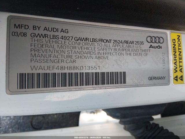 Aukcja sprzedaży 2008 Audi A4 2.0t, vin: WAUEF48H88K013551, numer aukcji: 45303276