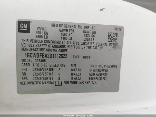 Aukcja sprzedaży 2013 Chevrolet Express 2500 Work Van, vin: 1GCWGFBA2D1112622, numer aukcji: 45303286