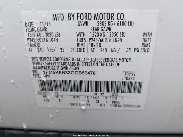 45303303 :رقم المزاد ، 1FM5K8B83GGB59478 vin ، 2016 Ford Explorer مزاد بيع