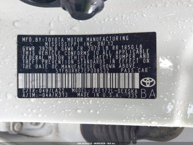 45303315 :رقم المزاد ، 5YFBURHE7EP008532 vin ، 2014 Toyota Corolla S Premium مزاد بيع