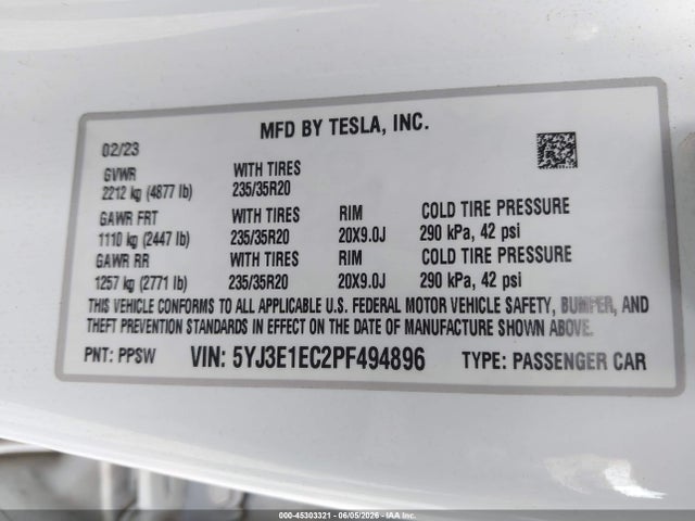 Продажа на аукционе авто 2023 Tesla Model 3 Performance Dual Motor All-wheel Drive, vin: 5YJ3E1EC2PF494896, номер лота: 45303321