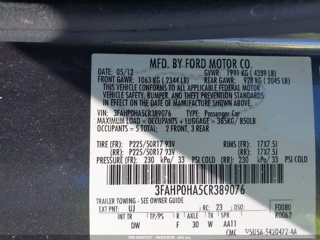 2012 Ford Fusion Se მანქანა იყიდება აუქციონზე, vin: 3FAHP0HA5CR389076, აუქციონის ნომერი: 45303327