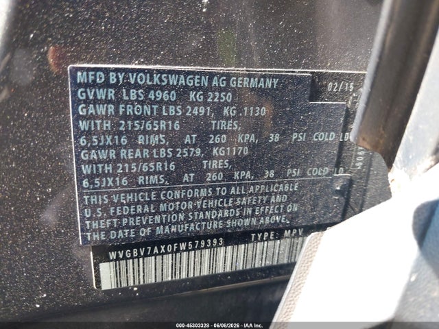 45303328 :رقم المزاد ، WVGBV7AX0FW579393 vin ، 2015 Volkswagen Tiguan S مزاد بيع