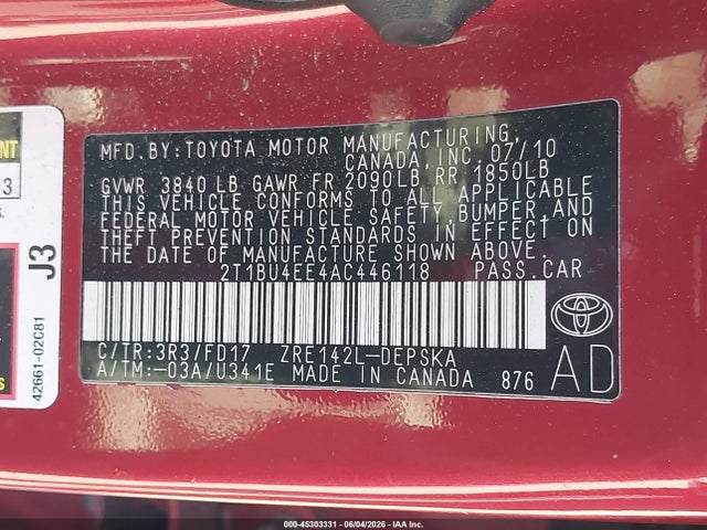 Продажа на аукционе авто 2010 Toyota Corolla S, vin: 2T1BU4EE4AC446118, номер лота: 45303331