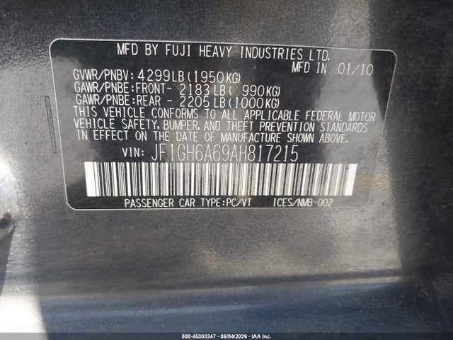 Aukcja sprzedaży 2010 Subaru Impreza 2.5i, vin: JF1GH6A69AH817215, numer aukcji: 45303347