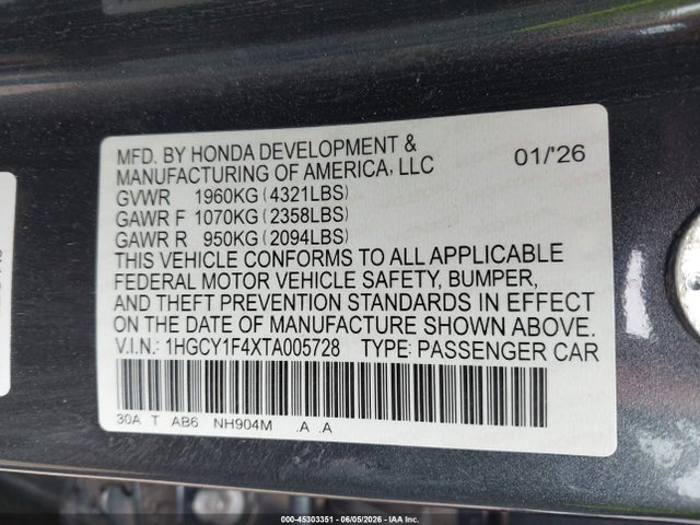 1HGCY1F4XTA005728 Honda ACCORD SE