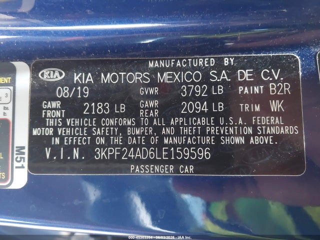 Продажа на аукционе авто 2020 Kia Forte Lxs, vin: 3KPF24AD6LE159596, номер лота: 45303354