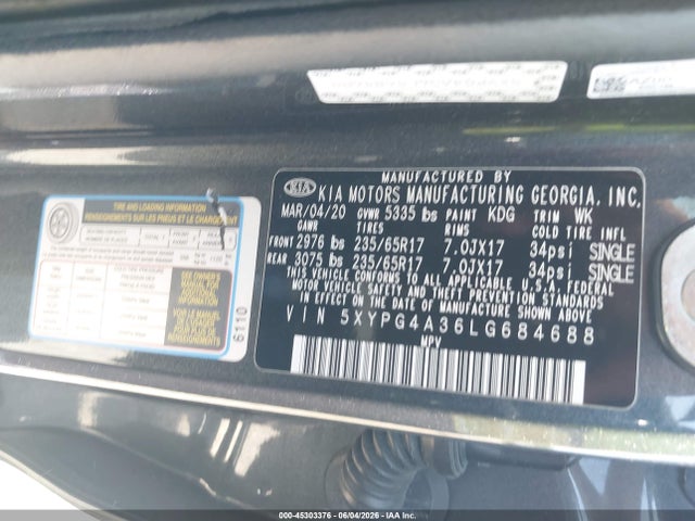 Aukcja sprzedaży 2020 Kia Sorento 2.4l Lx, vin: 5XYPG4A36LG684688, numer aukcji: 45303376