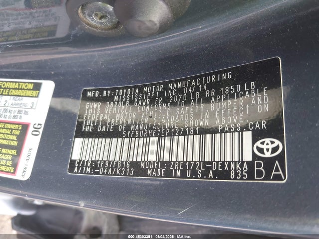 Toyota COROLLA LE 2014 5YFBURHE7EP127181 Image 9