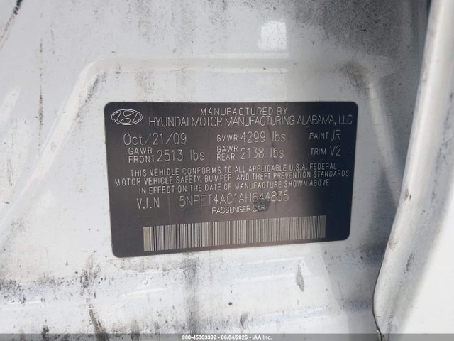 Aukcja sprzedaży 2010 Hyundai Sonata Gls, vin: 5NPET4AC1AH644835, numer aukcji: 45303392
