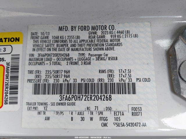 Aukcja sprzedaży 2014 Ford Fusion Se, vin: 3FA6P0H72ER204268, numer aukcji: 45303395