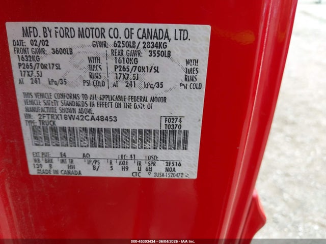45303434 :رقم المزاد ، 2FTRX18W42CA48453 vin ، 2002 Ford F-150 Lariat/xl/xlt مزاد بيع