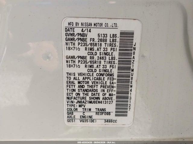 Продажа на аукционе авто 2014 Nissan Murano Le/s/sl/sv, vin: JN8AZ1MU8EW413127, номер лота: 45303439