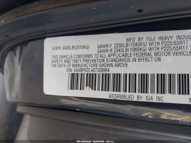 2008 Subaru Outback 2.5i Limited/2.5i Limited L.l. Bean Edition მანქანა იყიდება აუქციონზე, vin: 4S4BP62C487308964, აუქციონის ნომერი: 45303449