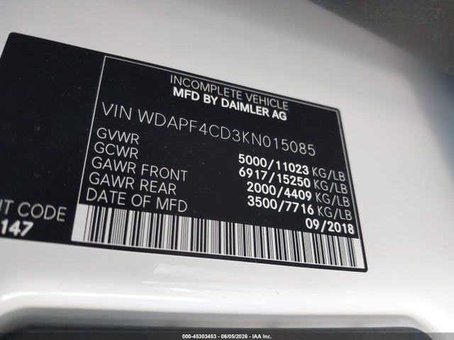 Aukcja sprzedaży 2019 Mercedes-benz Sprinter 4500 High Roof V6/standard Roof V6, vin: WDAPF4CD3KN015085, numer aukcji: 45303453