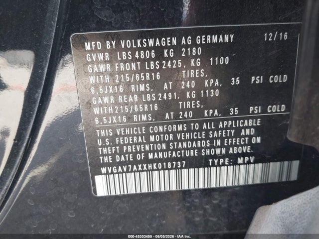 WVGAV7AXXHK018737 Volkswagen Tiguan 2.0t/2.0t S