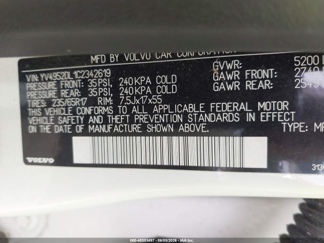 Aukcja sprzedaży 2012 Volvo Xc60 3.2/3.2 Platinum/3.2 Premier/3.2l Premier Plus, vin: YV4952DL1C2342619, numer aukcji: 45303497