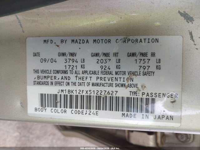 Продажа на аукционе авто 2005 Mazda Mazda3 I, vin: JM1BK12FX51227627, номер лота: 45303509