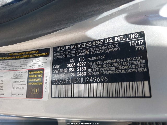 Auction sale of the 2018 Mercedes-benz C 300, vin: 55SWF4JBXJU249696, lot number: 45303519
