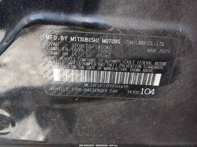 Продажа на аукционе авто 2023 Mitsubishi Mirage G4 Le, vin: ML32FUFJ7PHF04478, номер лота: 45303533