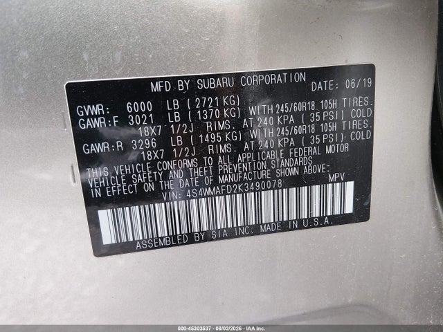 Продажа на аукционе авто 2019 Subaru Ascent Premium, vin: 4S4WMAFD2K3490078, номер лота: 45303537