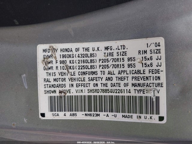 Aukcja sprzedaży 2004 Honda Cr-v Ex, vin: SHSRD78854U226114, numer aukcji: 45303538